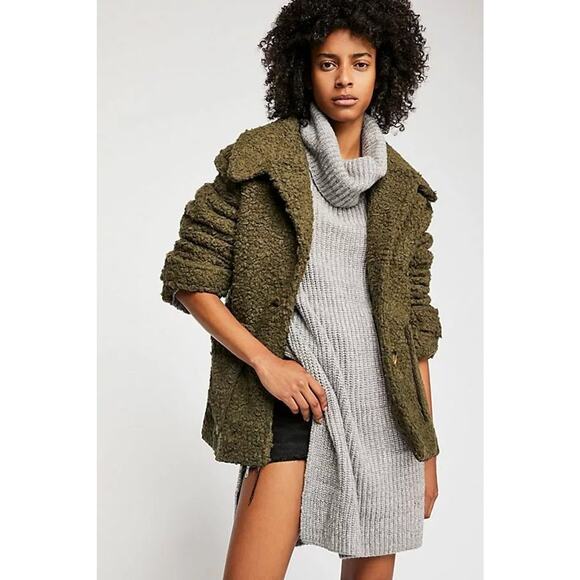 Free People Olive So Soft Faux Shearling Pea Coat Teddy Swing Jacket - Picture 1 of 11